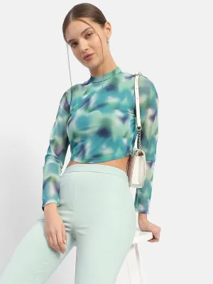 Stylish Layer Madame Abstract Print Mint Green Asymmetrical Hem Top