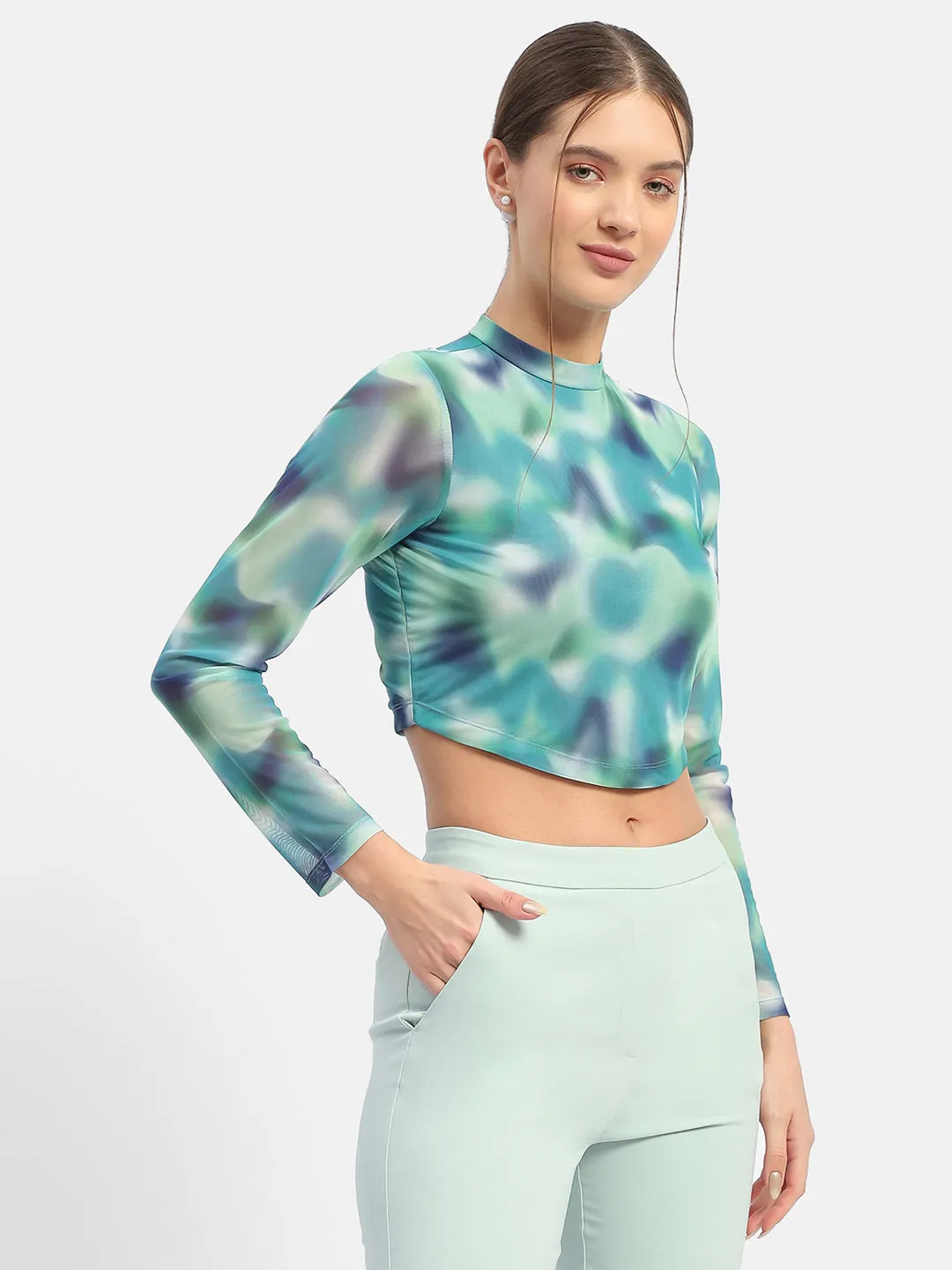 Madame Abstract Print Mint Green Asymmetrical Hem Top Comfortable Style