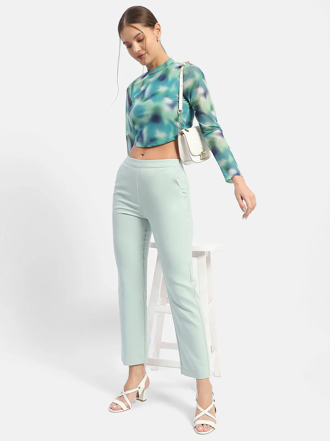 Madame Abstract Print Mint Green Asymmetrical Hem Top Crown Fit