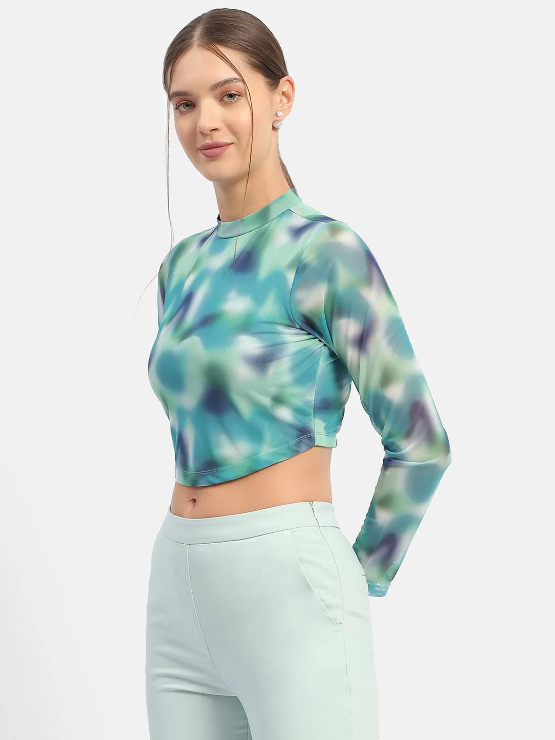 Madame Abstract Print Mint Green Asymmetrical Hem Top Net Fit