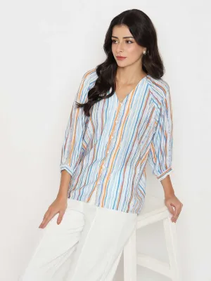 Madame Striped Rayon Blend Blue Top FlatlockSeaming Luxury Core