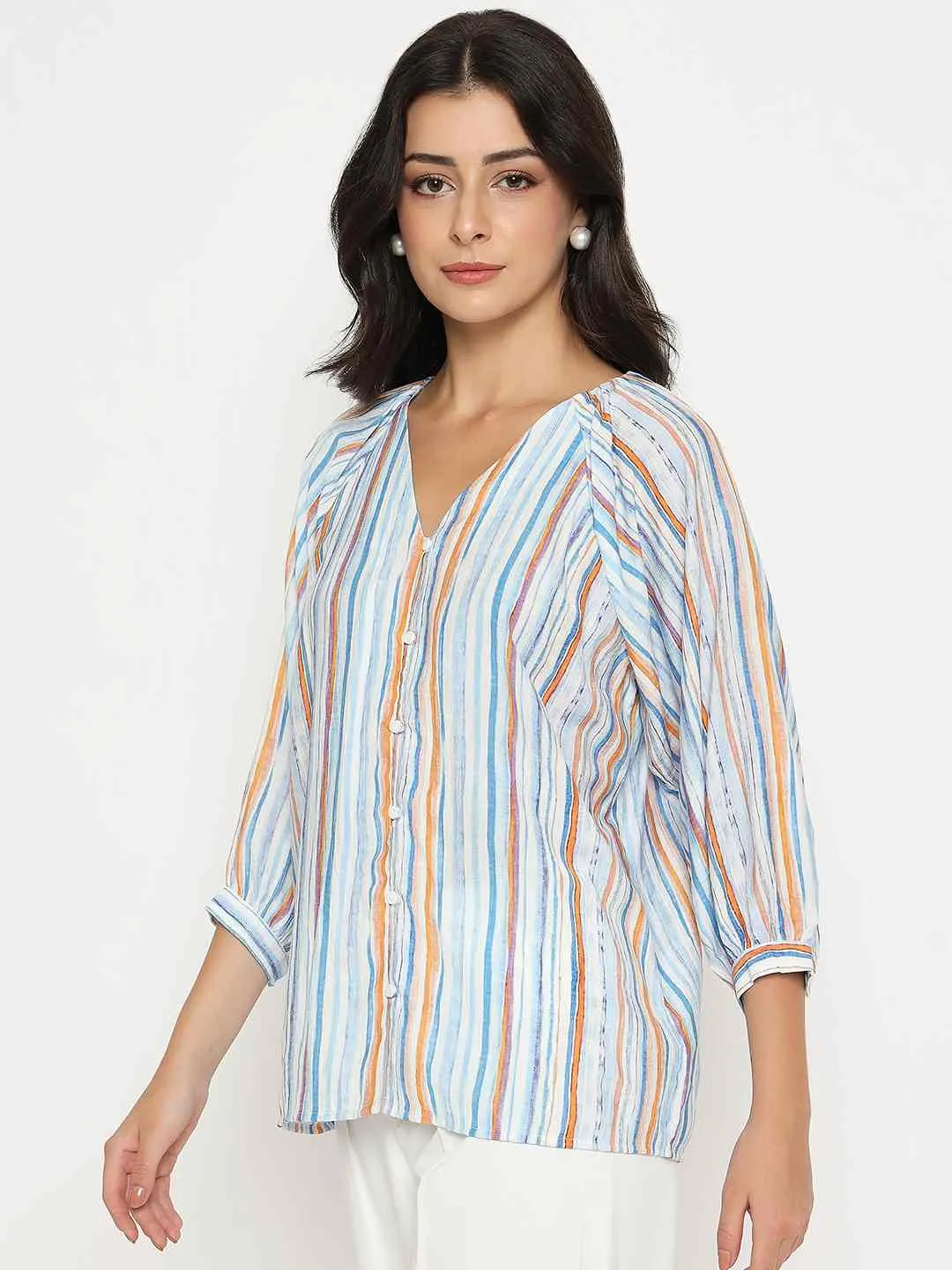 Princess Glow Madame Striped Rayon Blend Blue Top