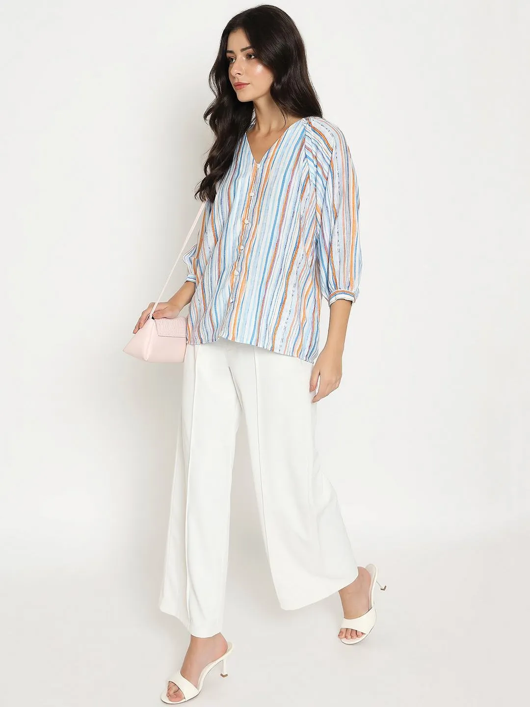 Madame Striped Rayon Blend Blue Top Commute Ease QuickDrying Fiber