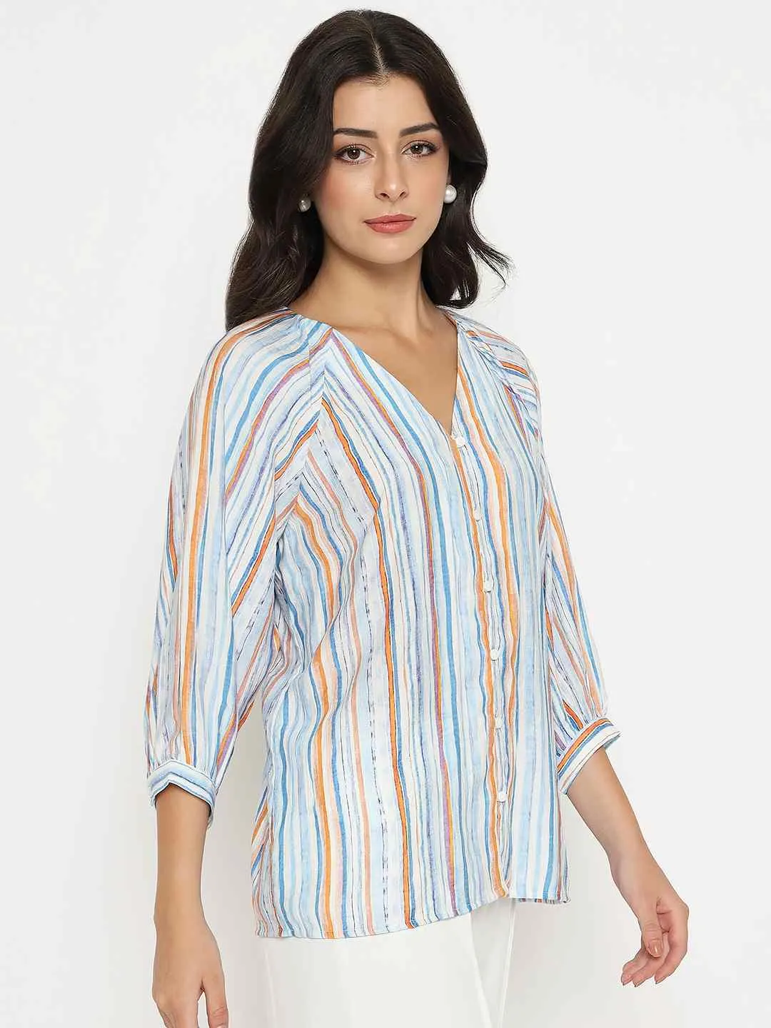 Planet Care Cozy Robe Madame Striped Rayon Blend Blue Top