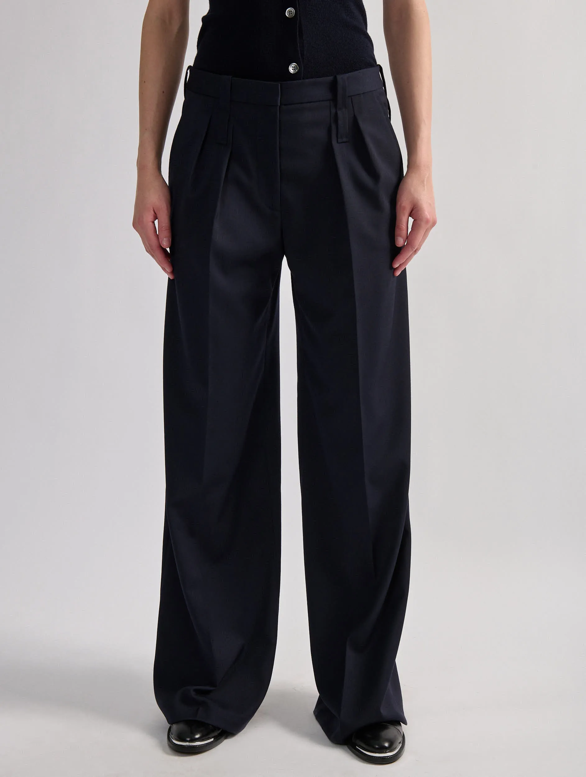 Compression Fit Minimalist Design Black stretch wool gabardine wide-leg trousers
