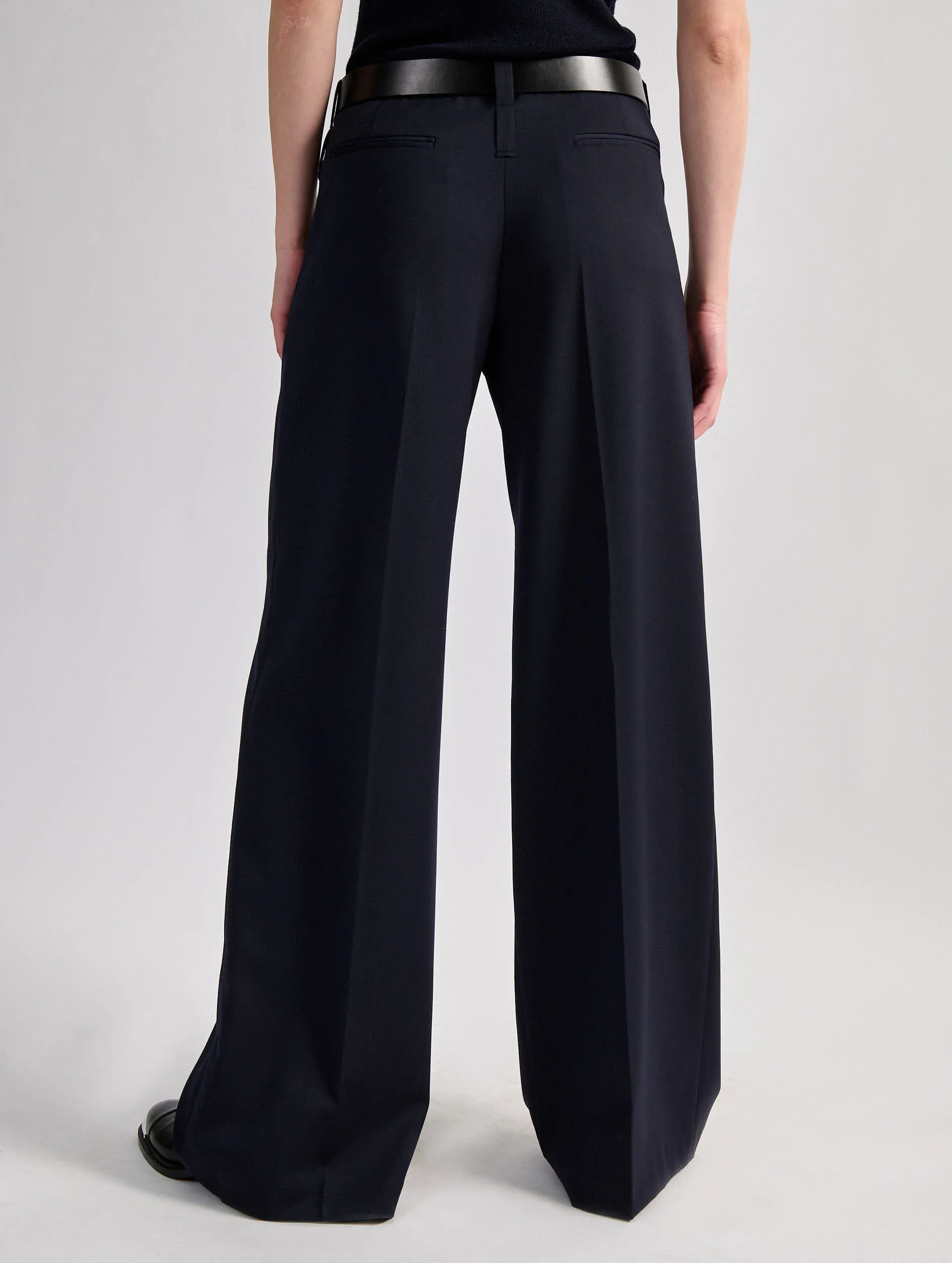 Flatlock Seams Black stretch wool gabardine wide-leg trousers