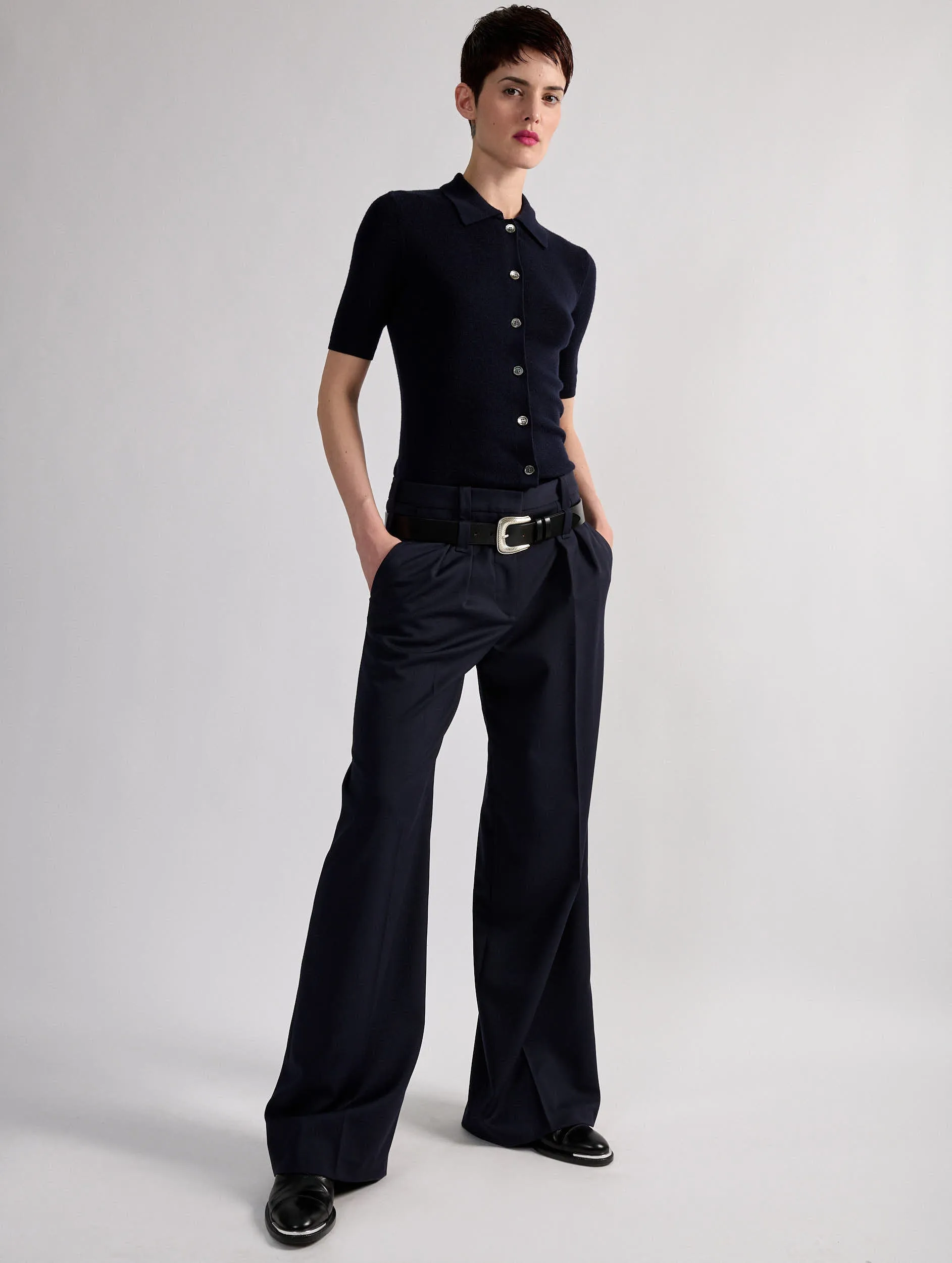 Black stretch wool gabardine wide-leg trousers Casual Style