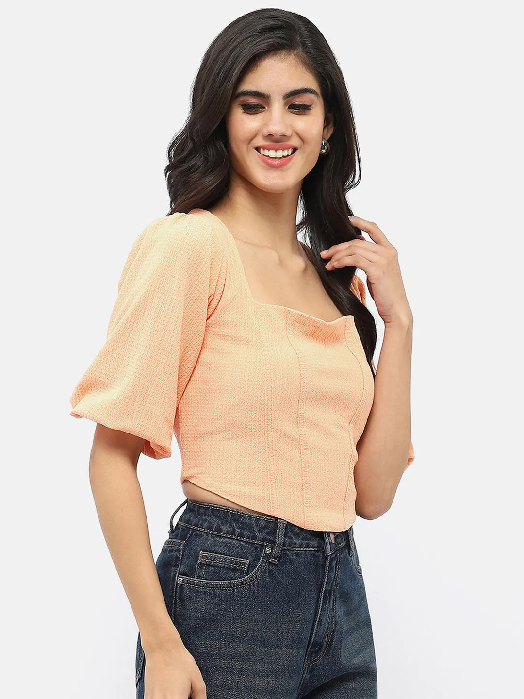 Madame Corset Inspired Peach Puff Sleeve Top Sky Mood spring fresh