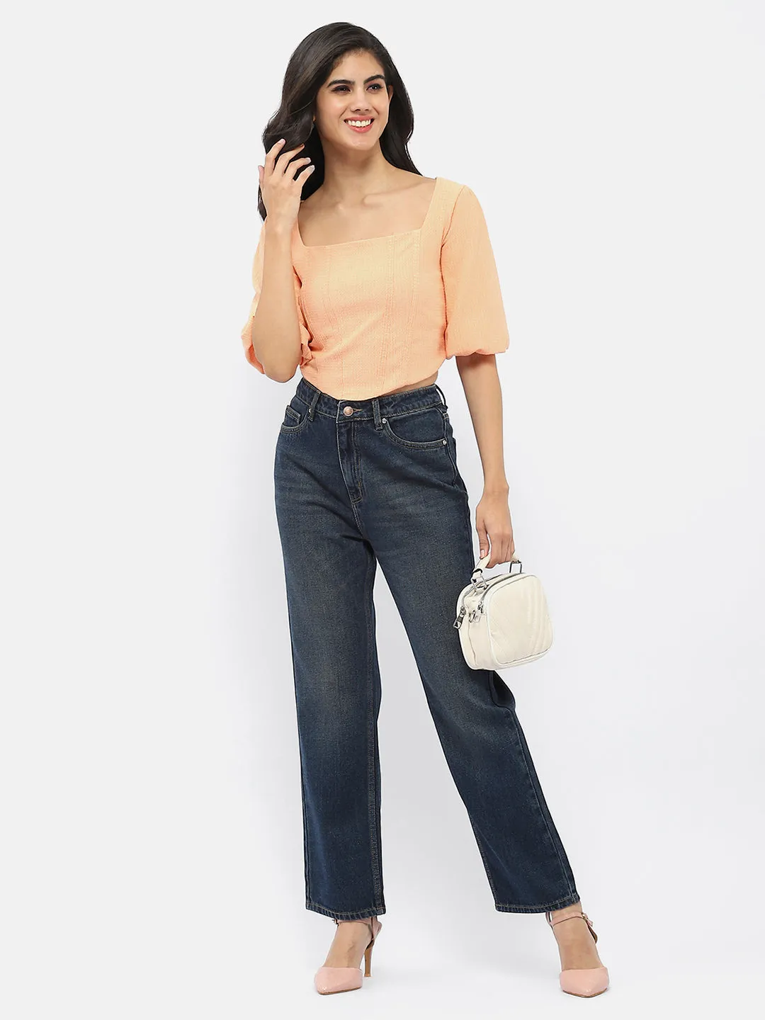 Madame Corset Inspired Peach Puff Sleeve Top Move Fast Classic Fashion
