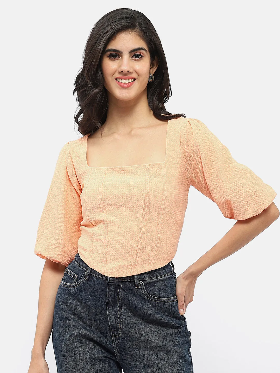 FlexibleJointConstruction Madame Corset Inspired Peach Puff Sleeve Top