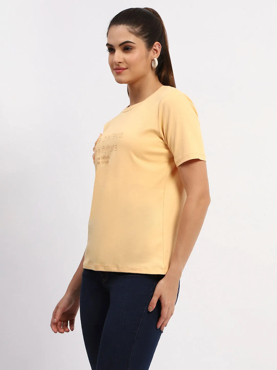 Madame Sinker Handworked Graphic Print Round Neck Light Orange Top Virtual Fit