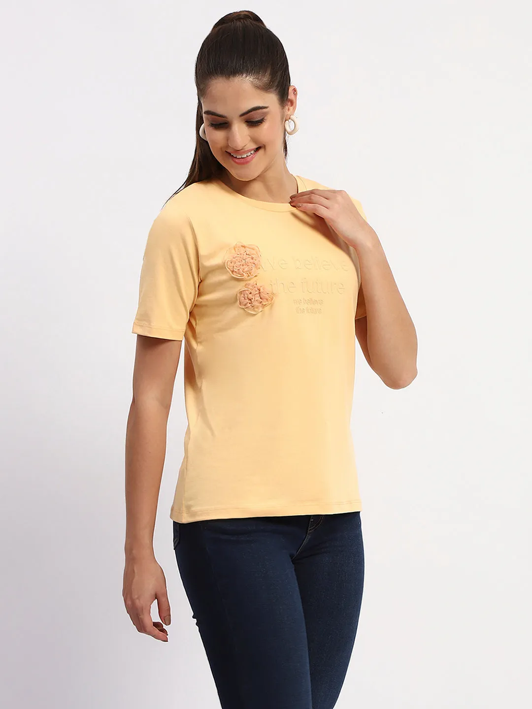 SeamlessPockets MultiPurposePockets Madame Sinker Handworked Graphic Print Round Neck Light Orange Top