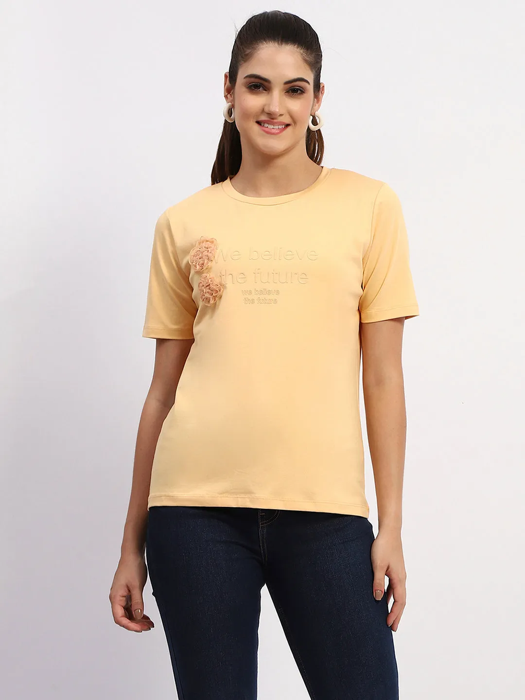 Flash Look Family Style Madame Sinker Handworked Graphic Print Round Neck Light Orange Top