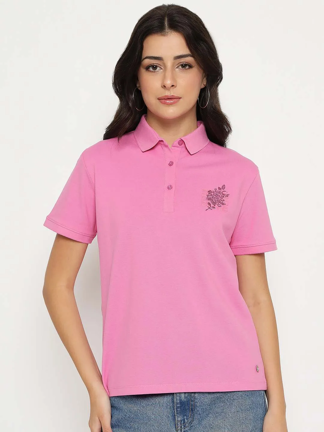 Madame Print Adorned Cotton Blend Pink  Polo T-shirt MinimalistStitching Temperature Regulating