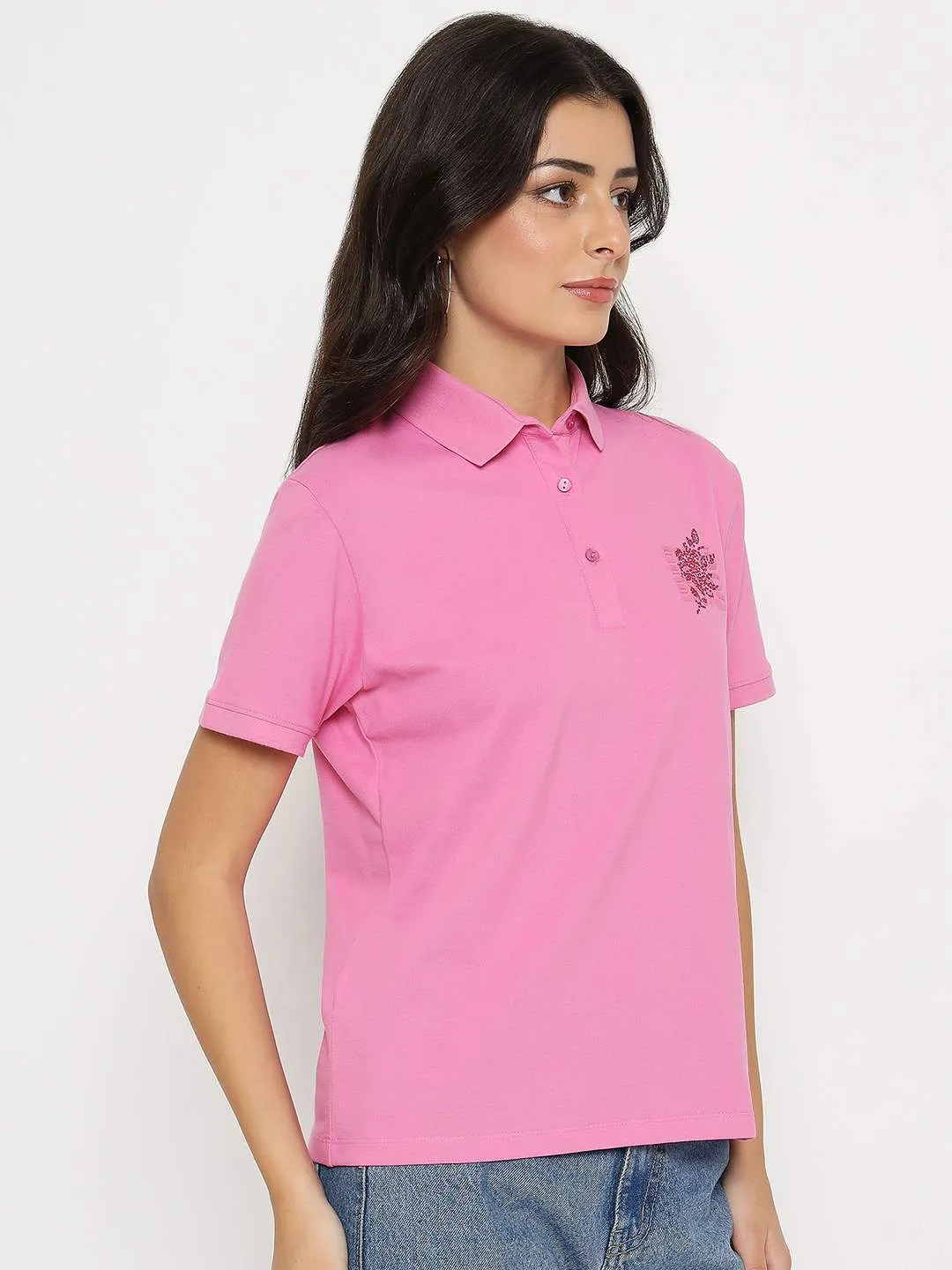 Madame Print Adorned Cotton Blend Pink  Polo T-shirt Trendy Comfort Wear Daily Casual