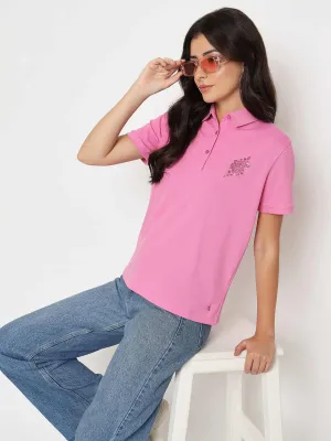 Micro Perforated Fabric Madame Print Adorned Cotton Blend Pink  Polo T-shirt