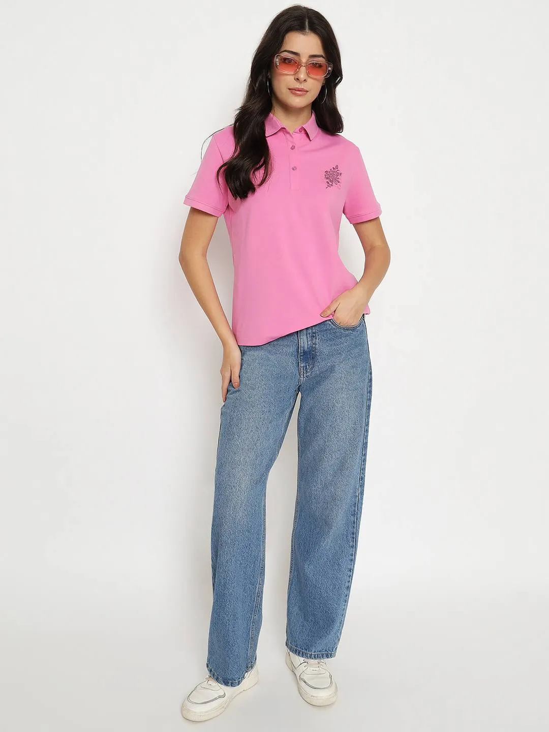 Seasonal Casual Non Irritating Seams Madame Print Adorned Cotton Blend Pink  Polo T-shirt