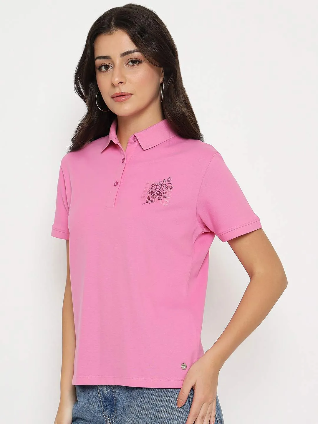 Madame Print Adorned Cotton Blend Pink  Polo T-shirt Flexible Fit
