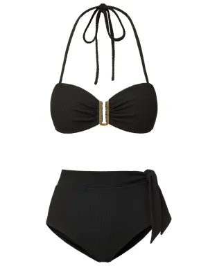 Cindy Top   Side Tie High Waist Bottom in Black Texture Sun Protection Fabric