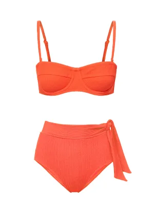 Nellie Top   Side Tie High Waist Bottom in Flame Multi Hook Closure