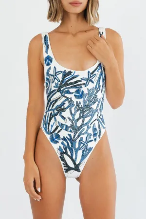 Elenora Hand Beaded One Piece Swimsuit Blue/ White Smooth inner lining