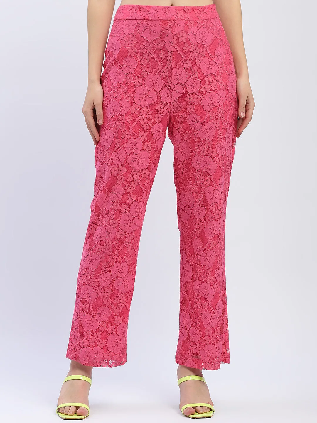 Madame Pink Floral Lace Fabric Trouser FlexibleStretchWeave Flexible Waistband