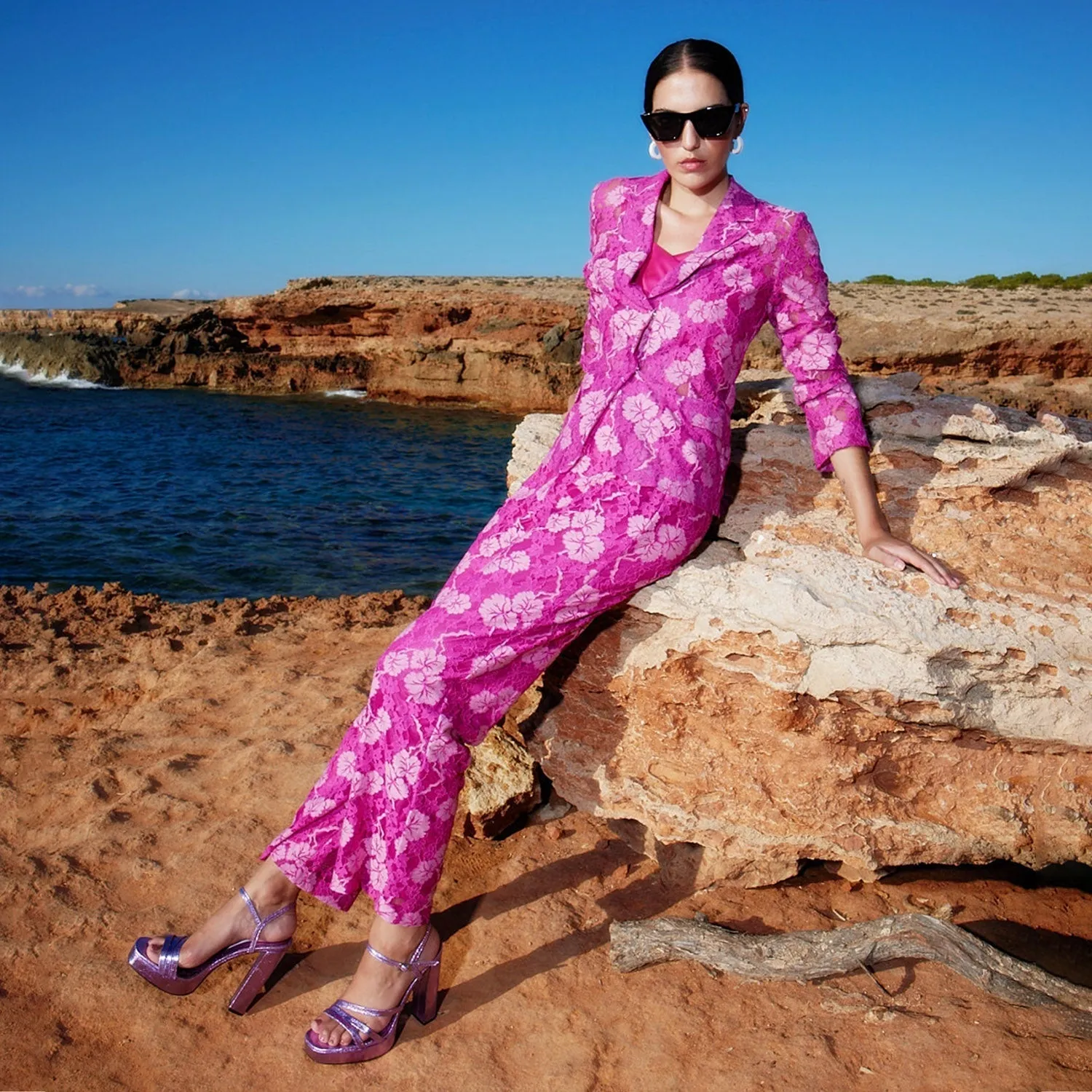 HighRiseWaist Eco Friendly Fabric Madame Pink Floral Lace Fabric Trouser