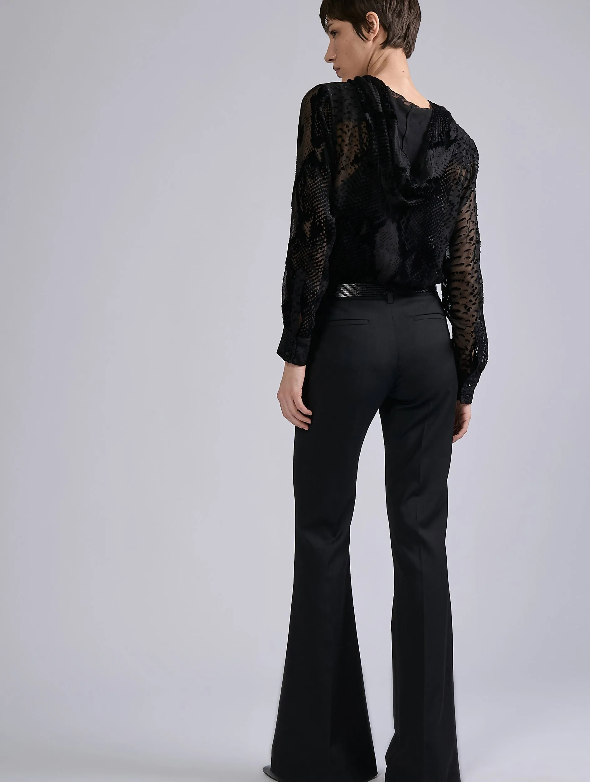 Tapered Look Black stretch wool gabardine bootcut trousers