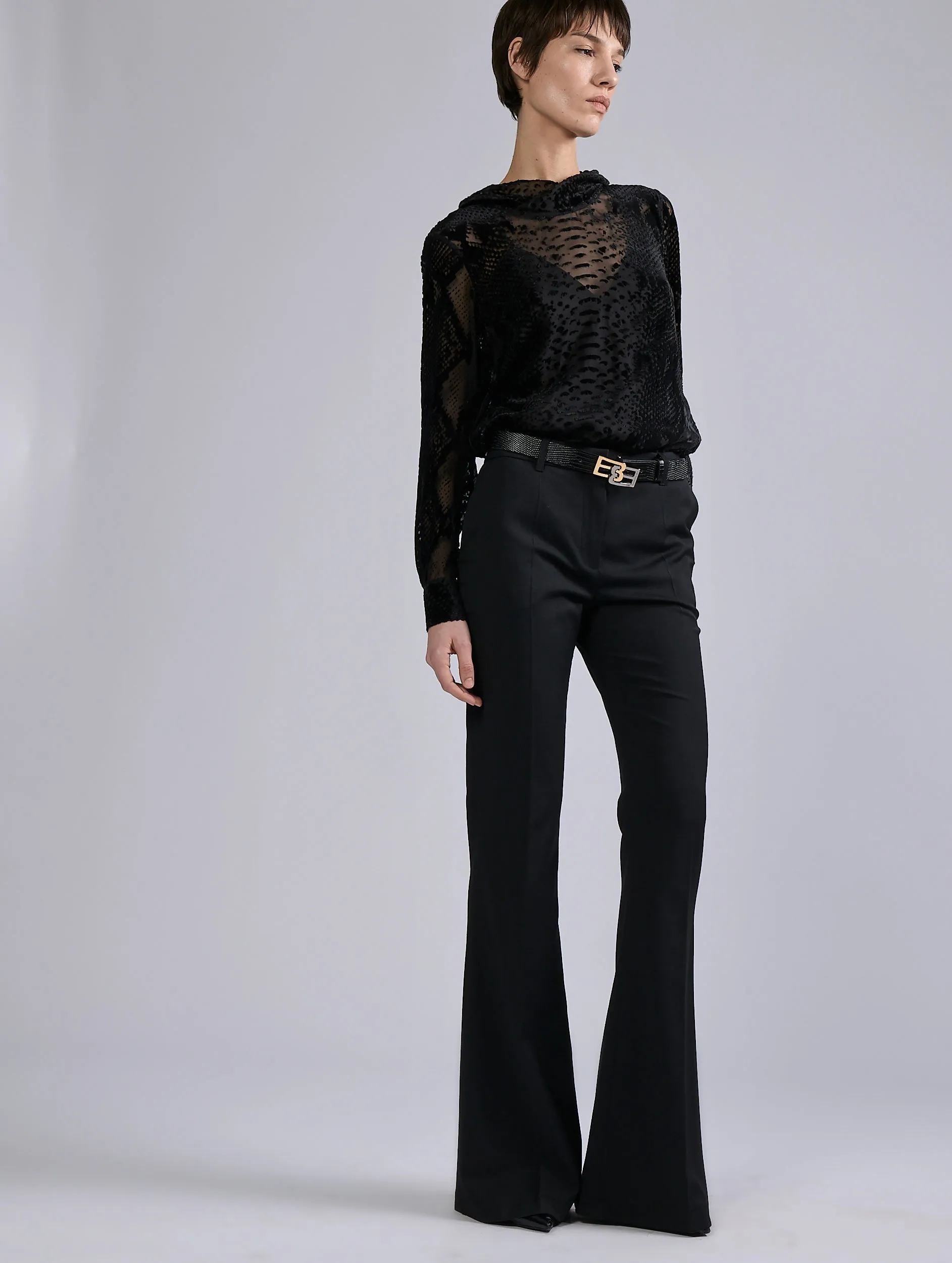 Black stretch wool gabardine bootcut trousers Water resistant coating SoftTouchFinish