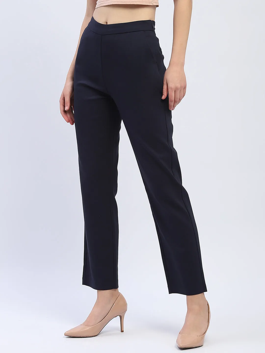 Madame Solid Navy Blue Straight Fit Trousers Cozy Look