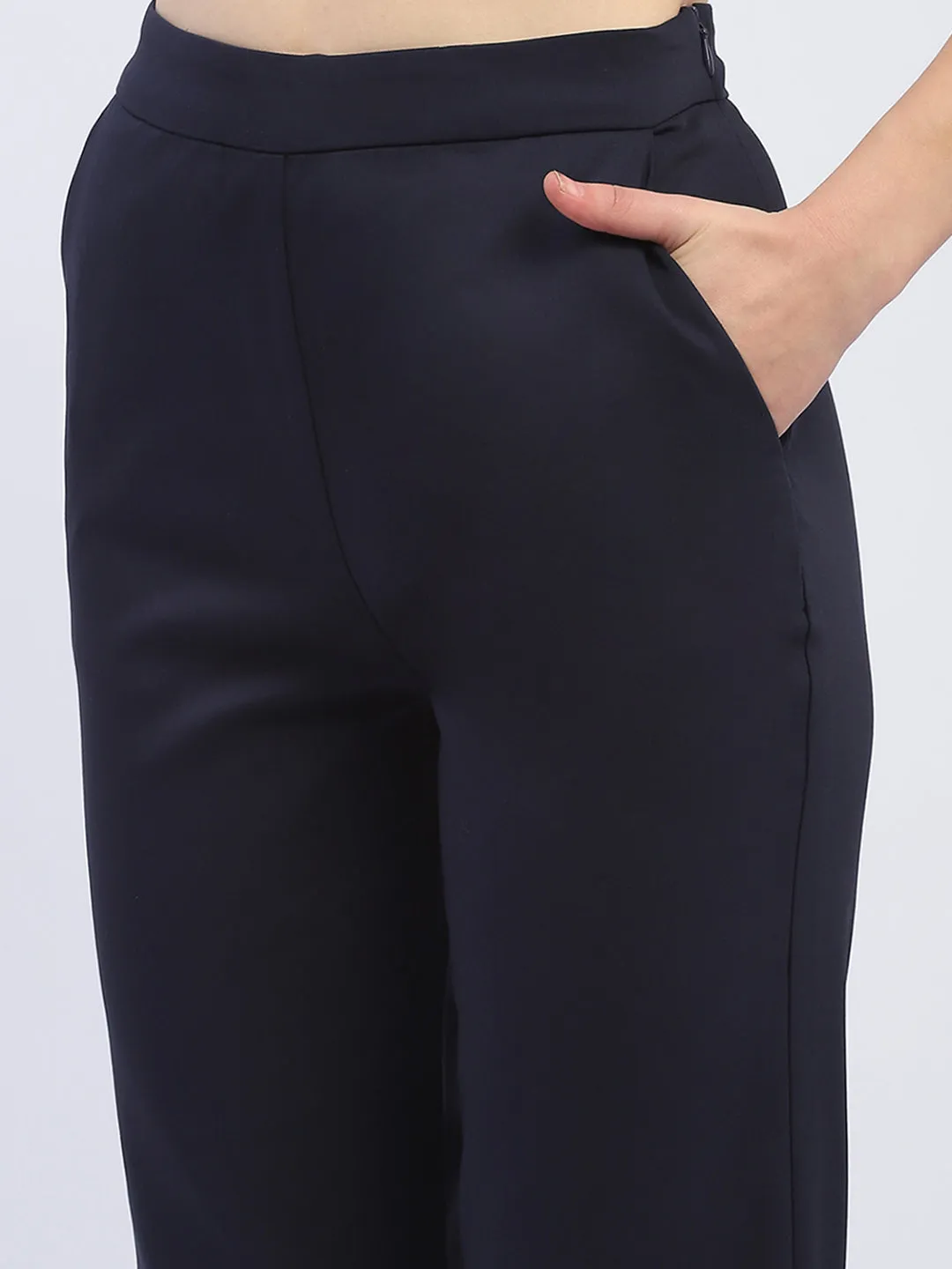 Madame Solid Navy Blue Straight Fit Trousers Double Stitched Moisture Management