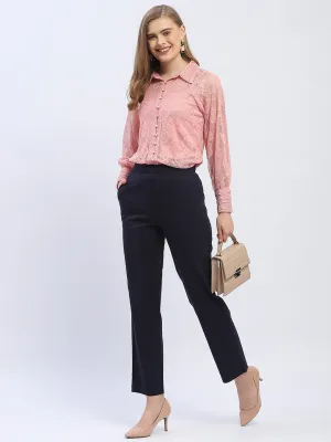 Madame Solid Navy Blue Straight Fit Trousers Street Comfort Casual Vibes
