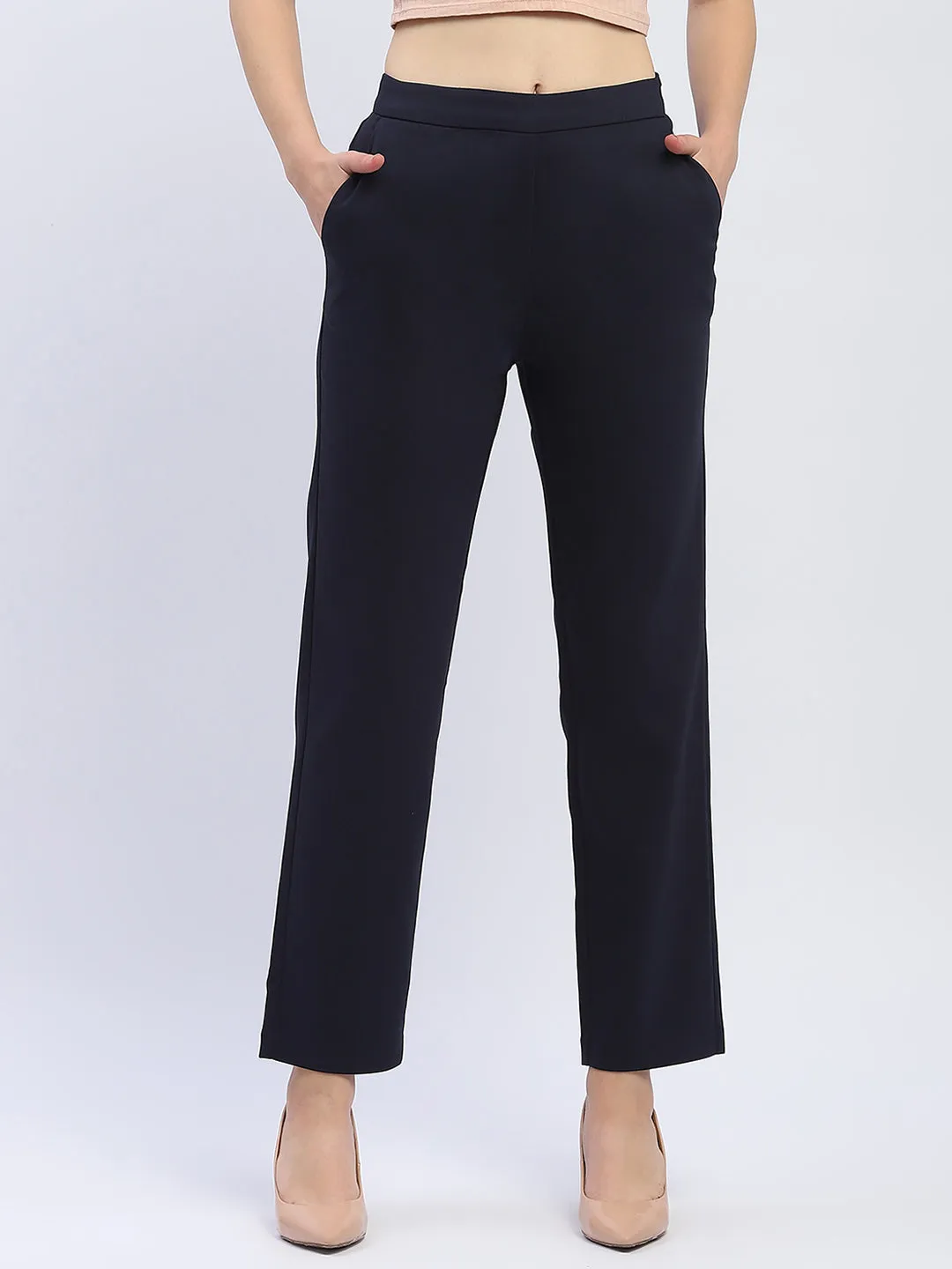Lightweight Material Madame Solid Navy Blue Straight Fit Trousers