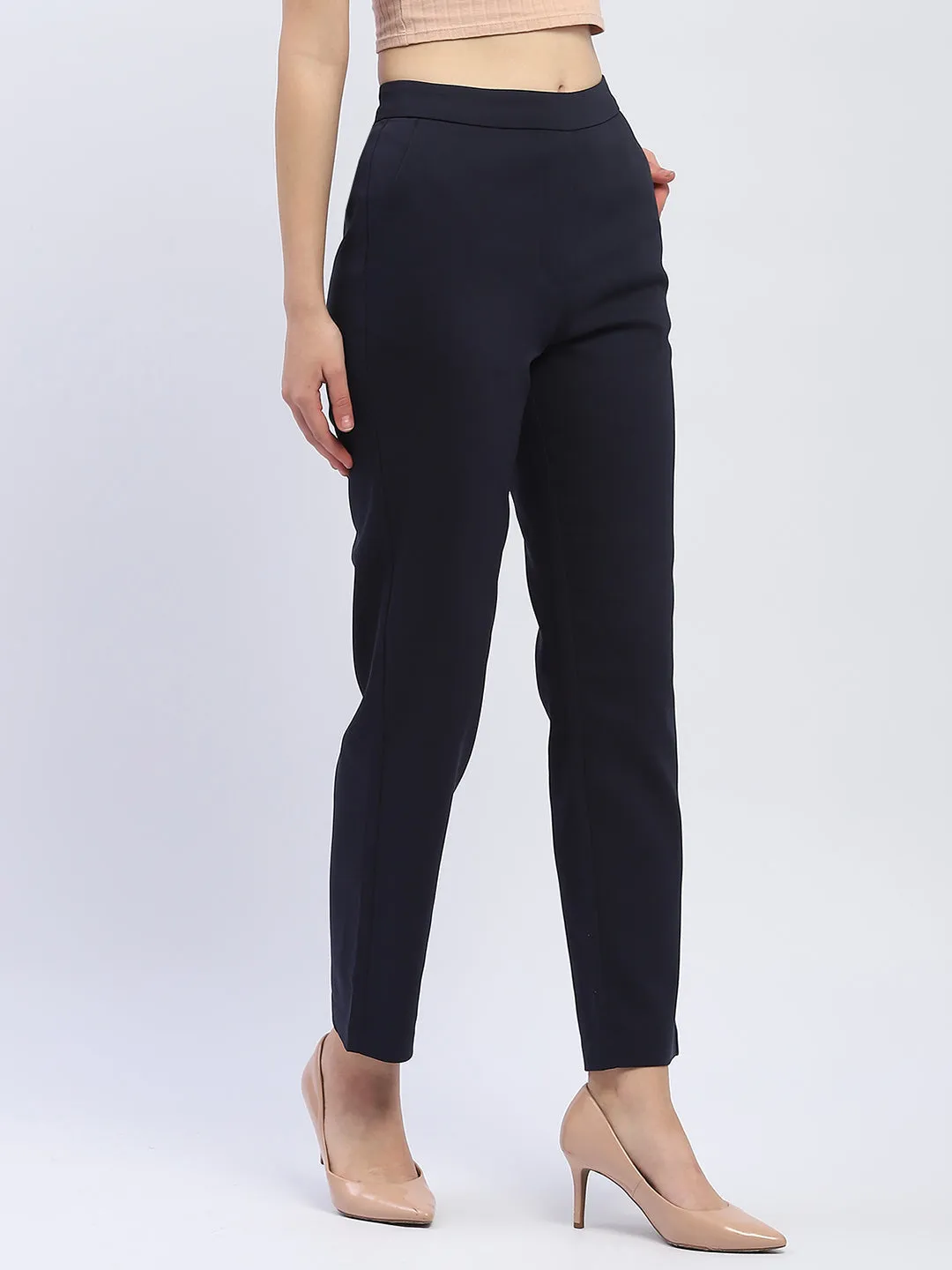 Cozy and Relaxed Madame Solid Navy Blue Straight Fit Trousers