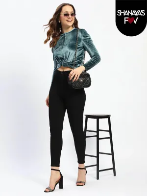 Madame Wrap Detailed Puff Sleeve Teal Top Reinforced Edges