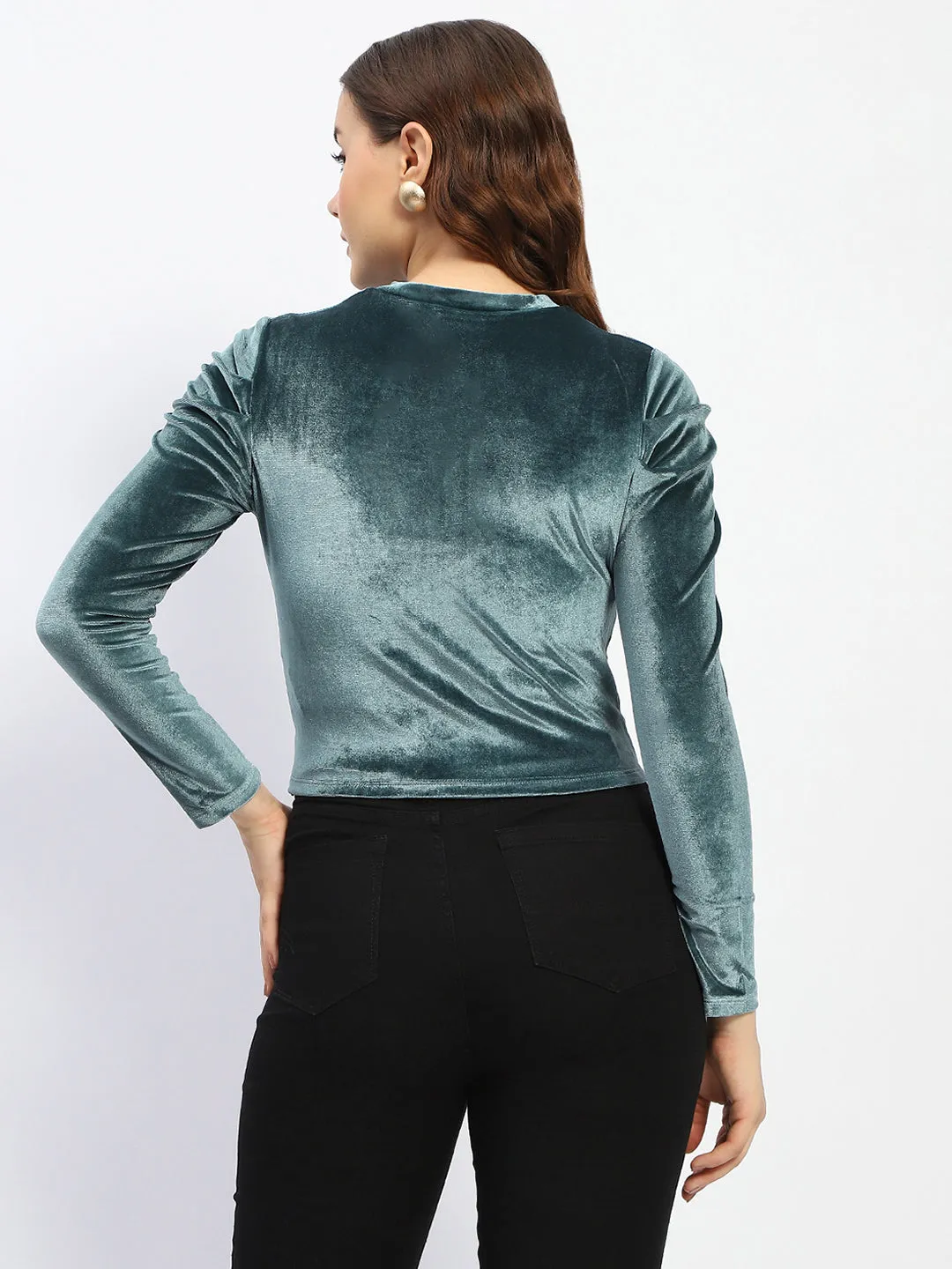 Madame Wrap Detailed Puff Sleeve Teal Top Easy Layering