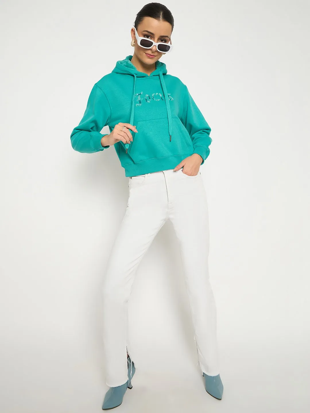 Madame Fleece Placement Printed Handwork Detailed Turquoise Sweatshirt product date night charm factor