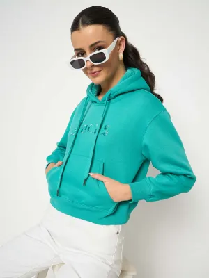 Madame Fleece Placement Printed Handwork Detailed Turquoise Sweatshirt Street Style