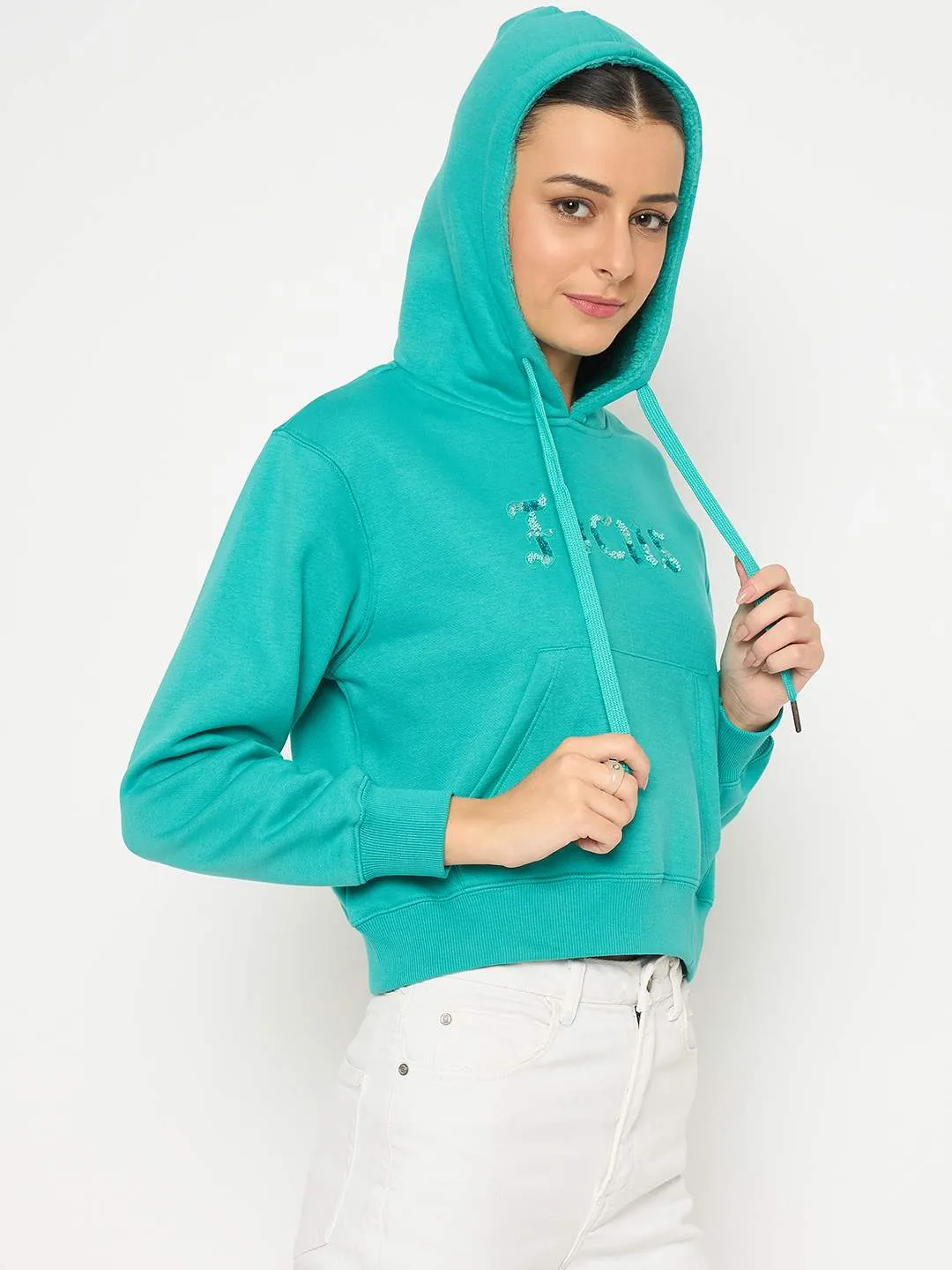 casual party Madame Fleece Placement Printed Handwork Detailed Turquoise Sweatshirt