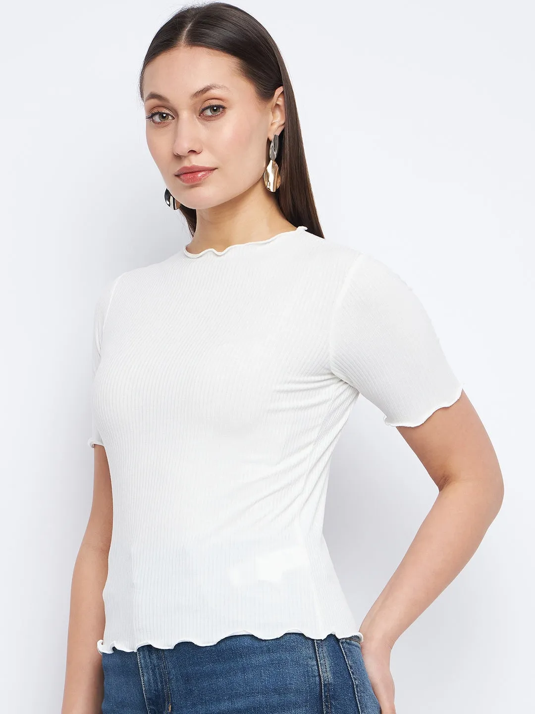 Madame Solid White Lettuce Hem Top Brave Mode