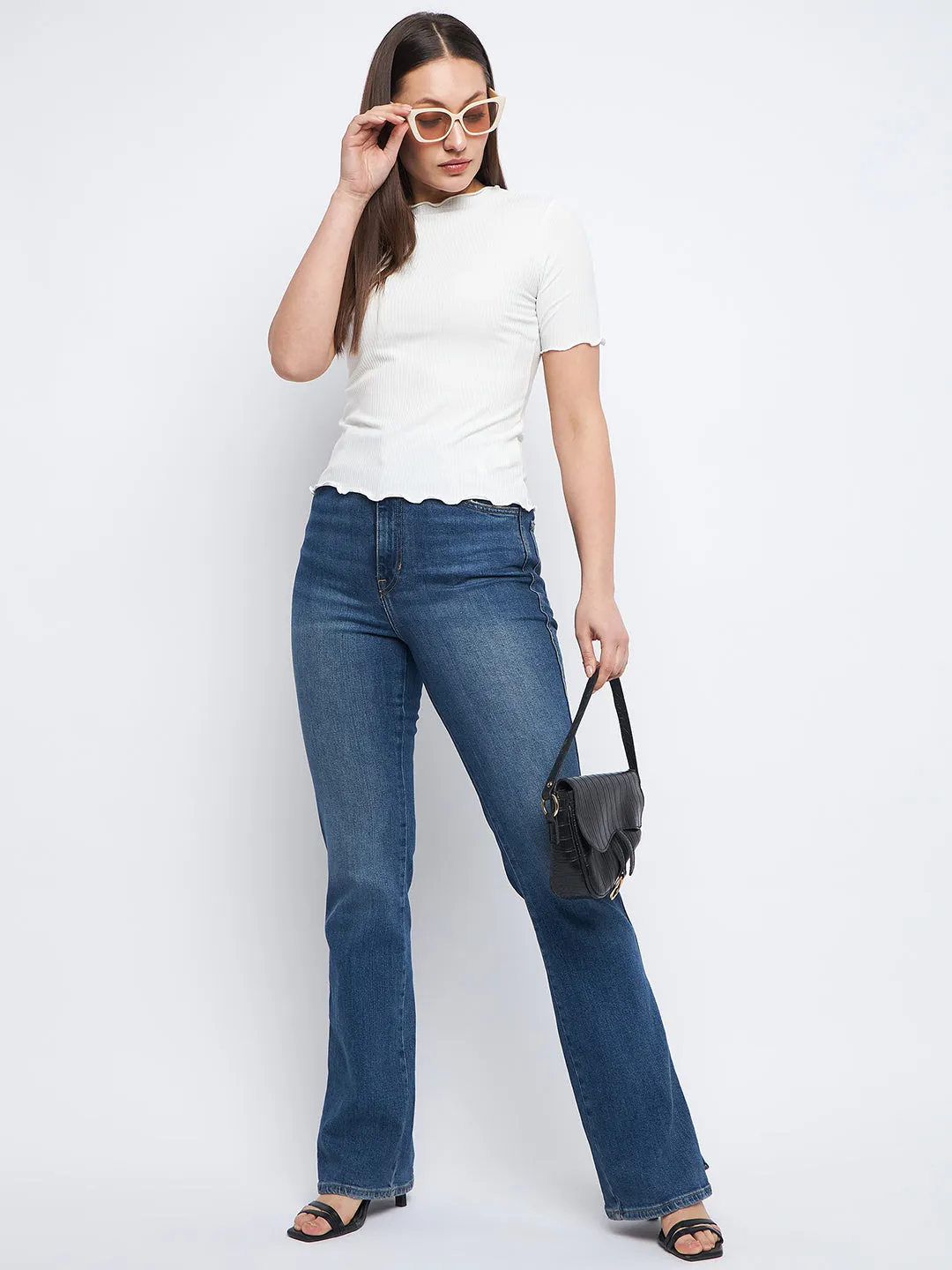 Madame Solid White Lettuce Hem Top Casual Skirt UniversalFit