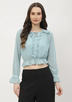 Casual Comfort Madame Poet Sleeve Mint Blue Ruffle Top