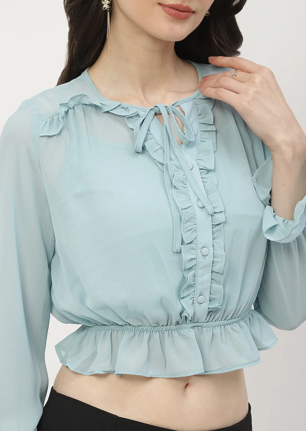 Layer Light Madame Poet Sleeve Mint Blue Ruffle Top