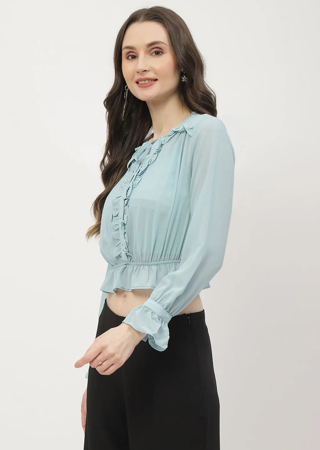 Madame Poet Sleeve Mint Blue Ruffle Top ReinforcedHems