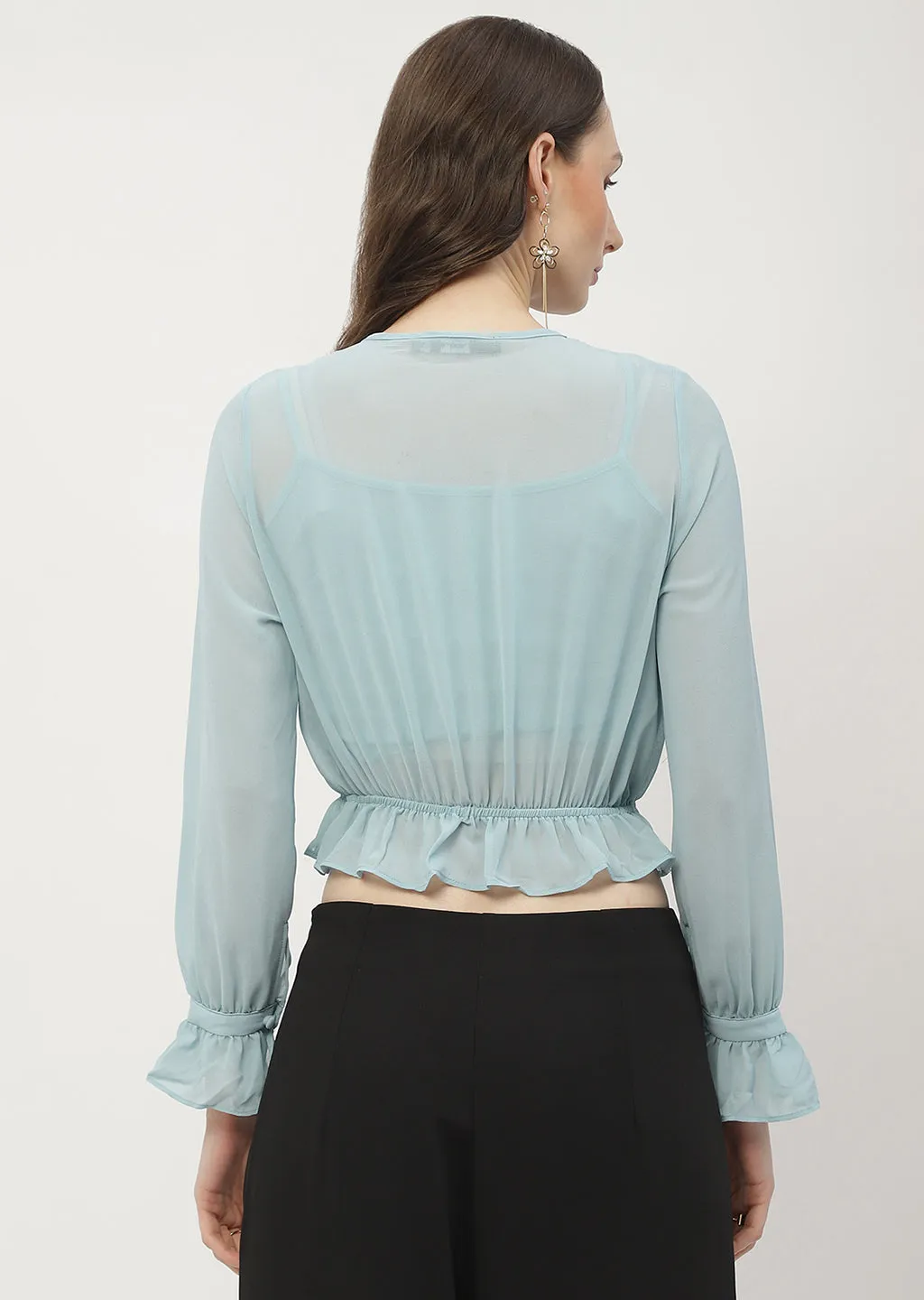 Madame Poet Sleeve Mint Blue Ruffle Top Net Fit