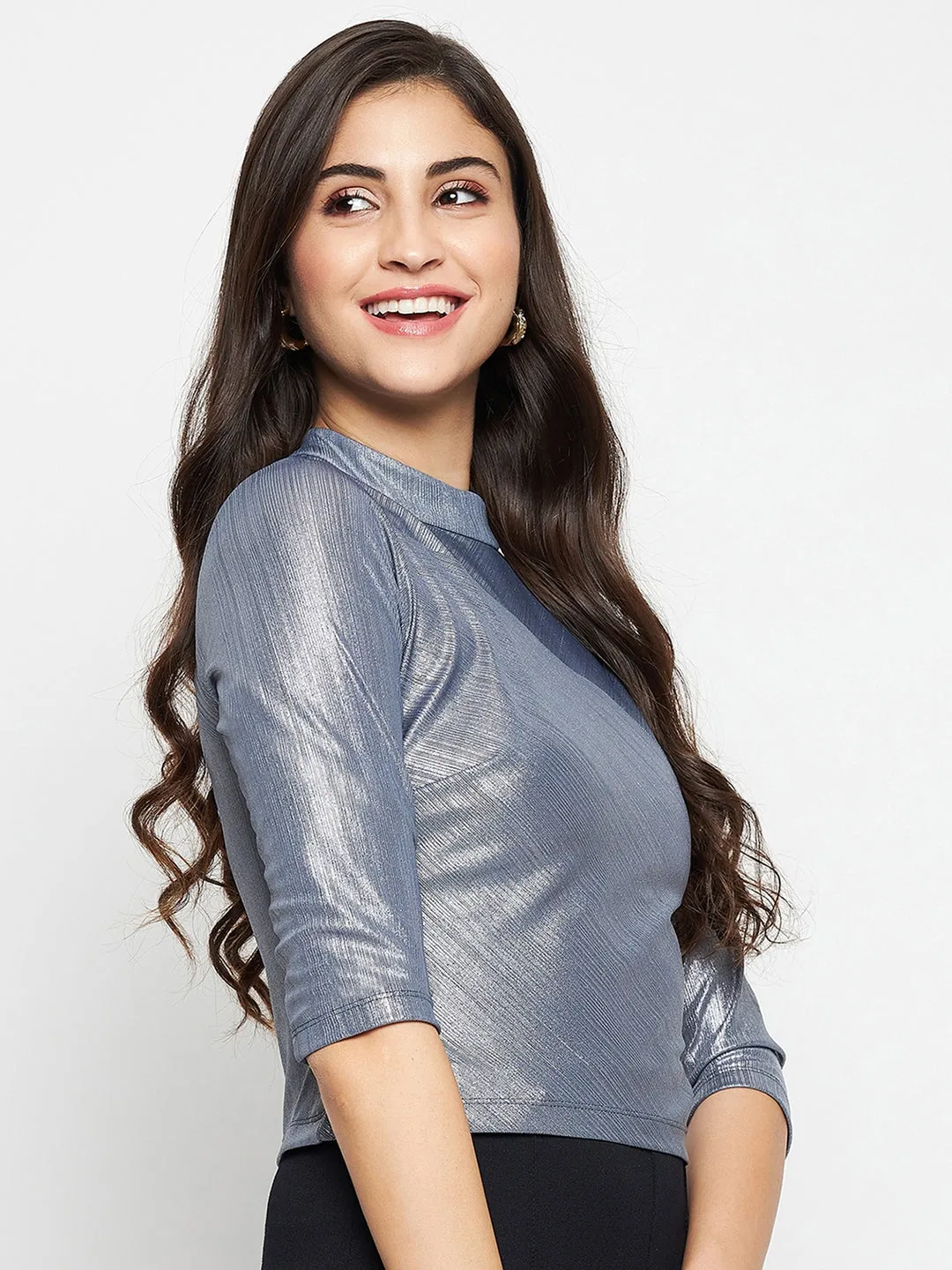 Madame Shimmering Asymmetrical Seam Detail Grey Top Vacation Mood Fresh Ease