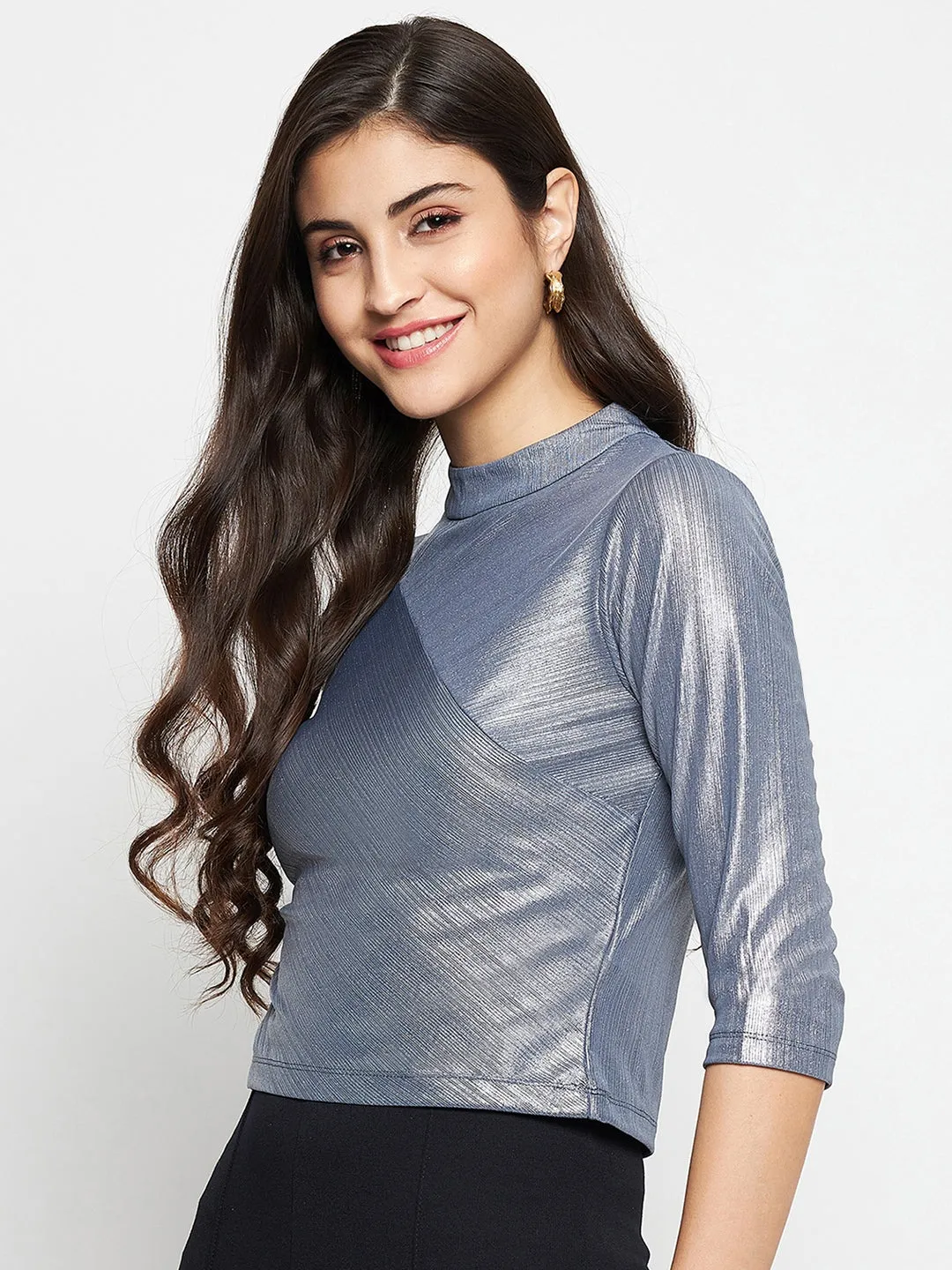 ReflectiveTrimDetails Madame Shimmering Asymmetrical Seam Detail Grey Top