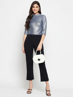 Easy Style Madame Shimmering Asymmetrical Seam Detail Grey Top