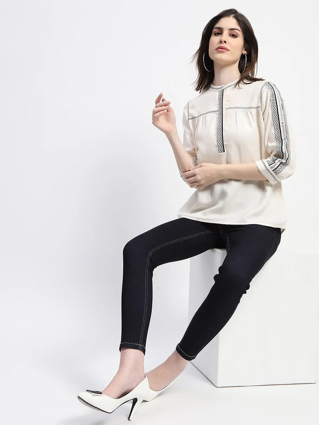Madame Embroidered Off White Top SeamlessTransition Stylish Jacket