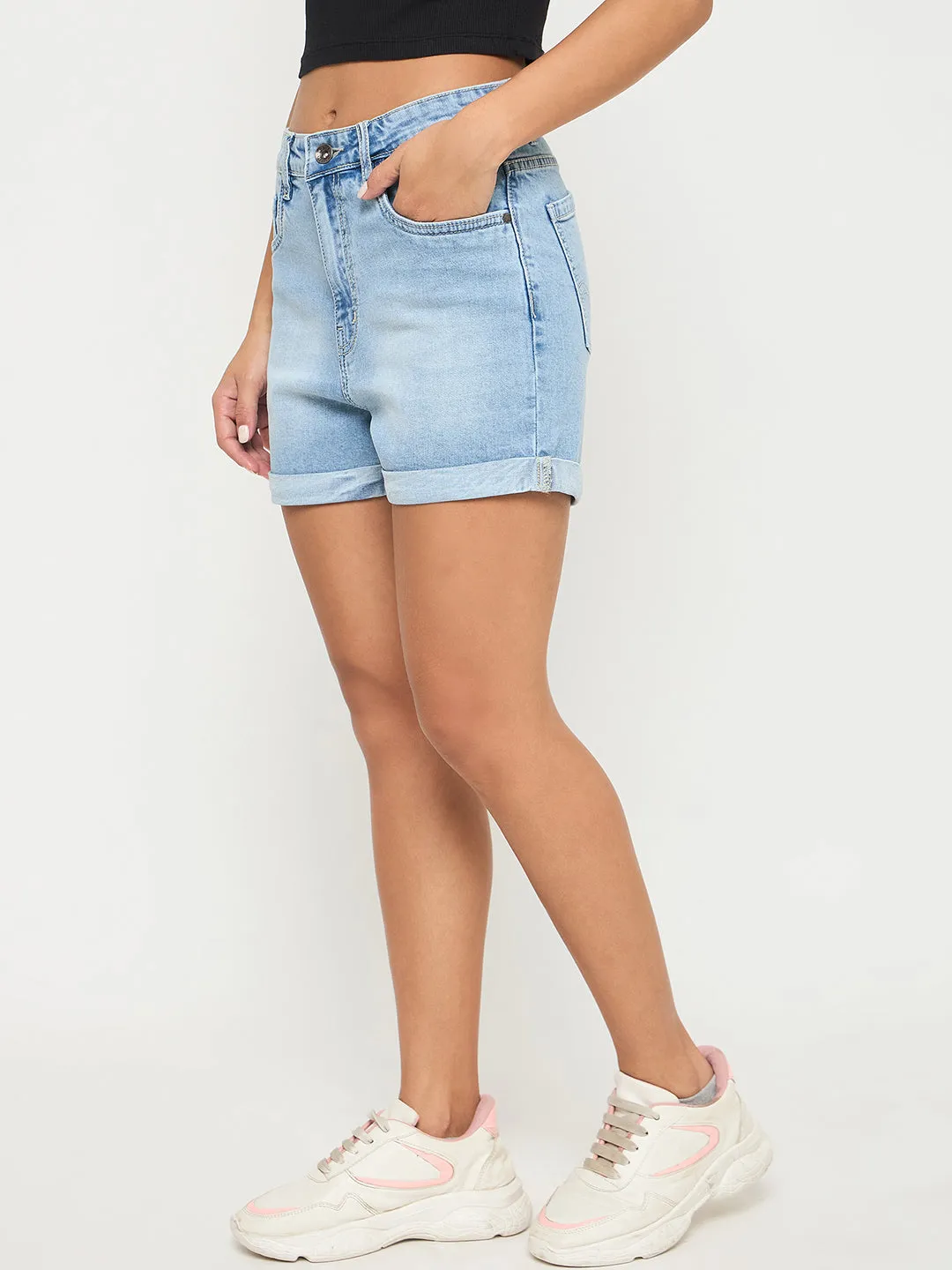 FlexibleFit Madame Rolled Hem Light Blue Cotton Blend Denim Shorts